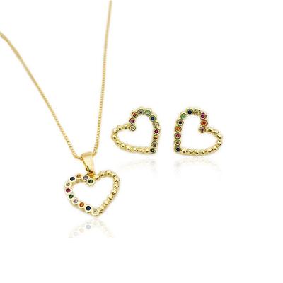 Conjunto Colar E Brincos Coração Colorido Banhado A Ouro 18k