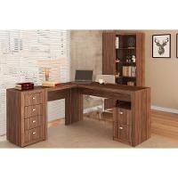 Escritório Completo 1 Mesa De Canto Para Escritório Me4129 + 1 Estante Me4132 + 1 Gaveteiro Me4133 3 Peças Nogal - 1