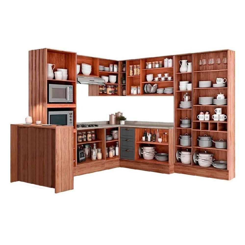 Cozinha Completa Bella 11 Peças (3Aéreos+3Balcões+1Paneleiro+1Cristaleira+1TorreQuente+1Ilha+1Complemento) C11P50 Nogal/Cinza - Carraro - 3