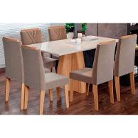 Conjunto: Mesa de Cozinha Maitê Tampo Madeirado c/ Vidro Canto Curvo 160X80cm e 6 Cadeiras Nicole Savana/Nature-Suede Pluma-Joli Capuccino - Cimol - 1