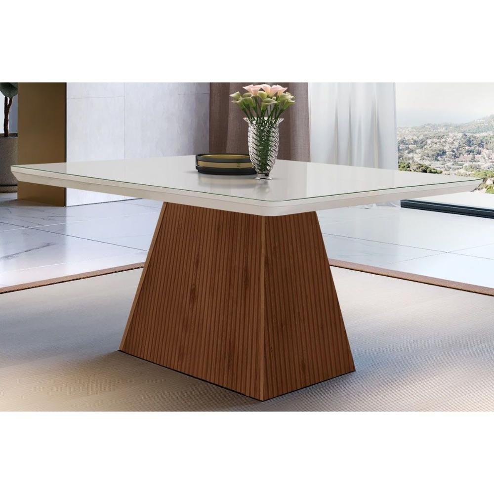 Mesa para Cozinha Luna c/Tampo Madeirado Vidro Canto Curvo 120x80cm Off White/Imbuia Ripado 3D - Vidro Off White - Rufato - 1