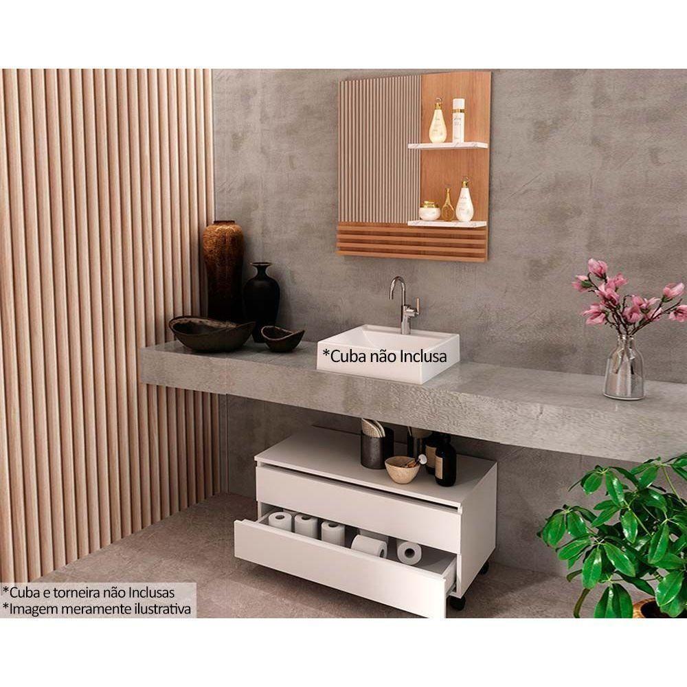 Conjunto de Banheiro Balcão c/ Rodizios BN3603 s/ Cuba 80cm e Armário c/ Espelho BN3614 Amendoa/Marmore Branco - Tecno Mobili - 1