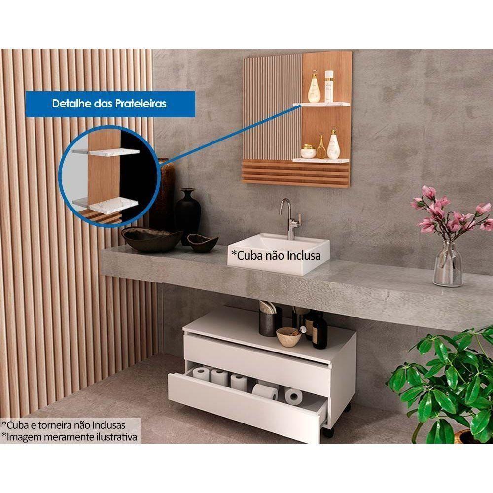 Conjunto de Banheiro Balcão c/ Rodizios BN3603 s/ Cuba 80cm e Armário c/ Espelho BN3614 Amendoa/Marmore Branco - Tecno Mobili - 2