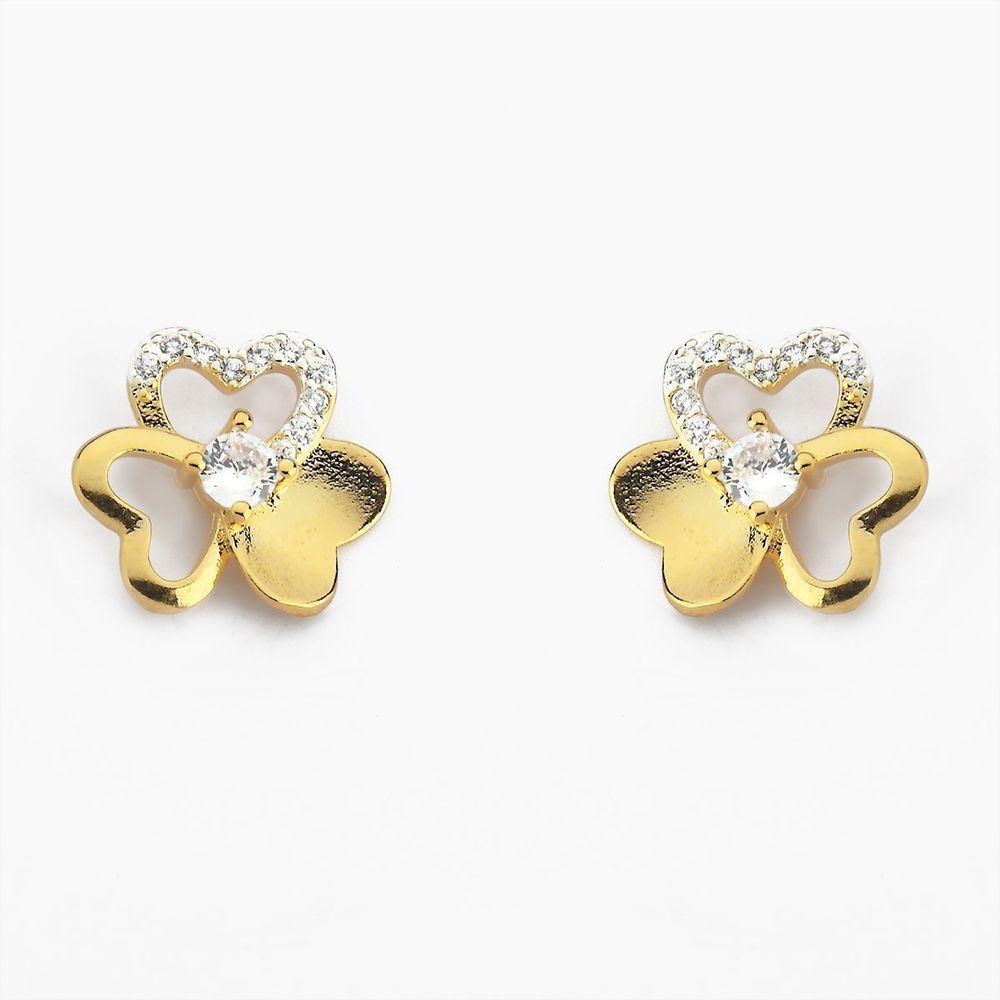 Brinco Flor Com Duas Pétalas Vazadas E Detalhe Em Zircônia Banhado A Ouro 18k - 1