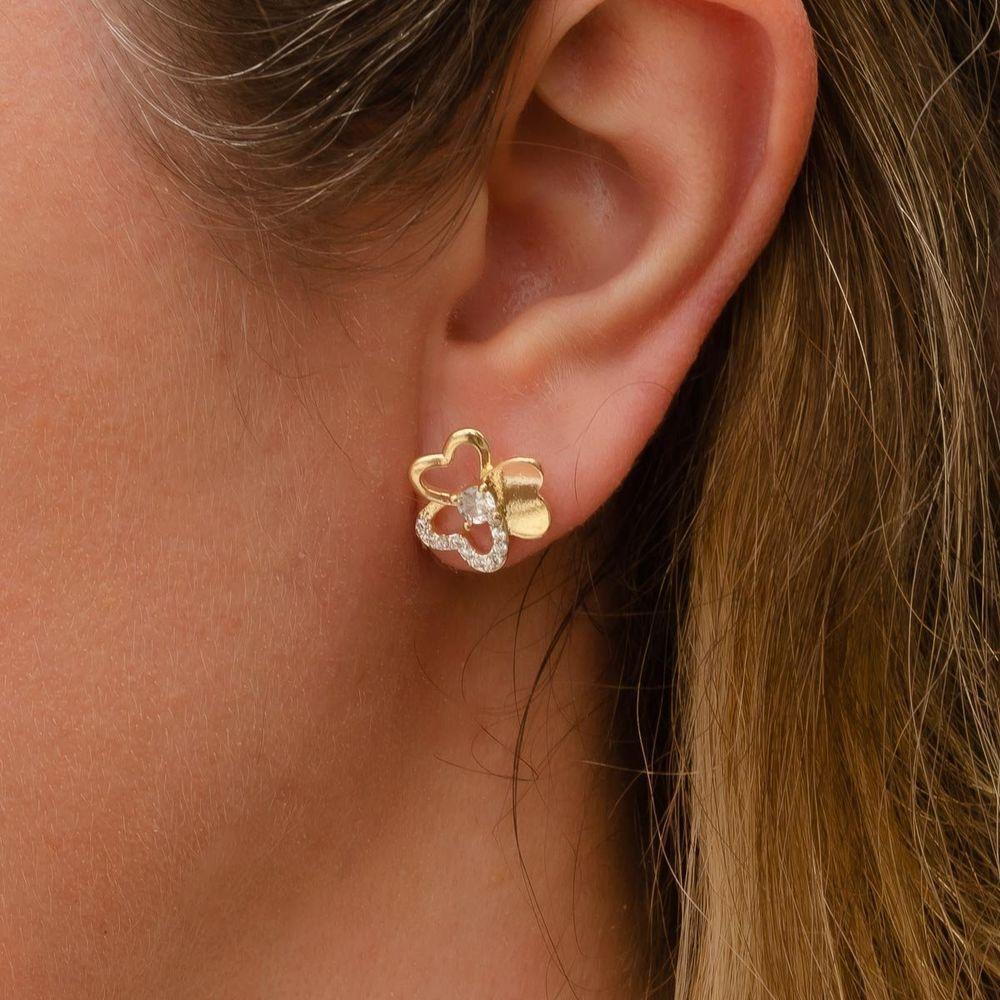 Brinco Flor Com Duas Pétalas Vazadas E Detalhe Em Zircônia Banhado A Ouro 18k - 2
