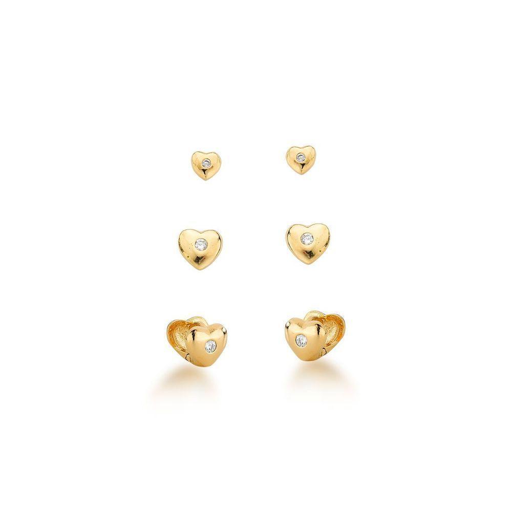 Trio De Brincos Corações Com Ponto De Luz Banhado A Ouro 18k - 1