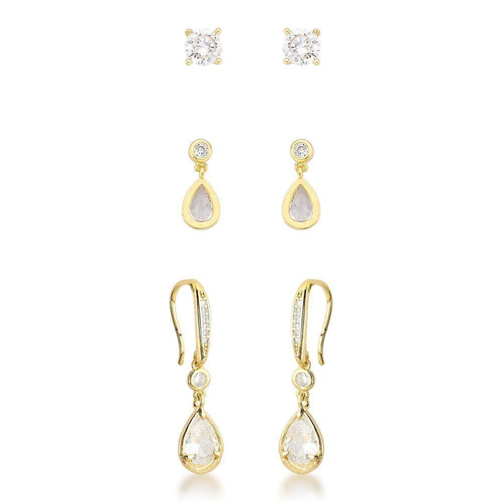 Kit De Brincos De Ouro Banhado 18k – Solitário E Pingente Em Gota Com Cristais - 1