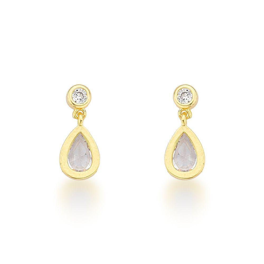 Kit De Brincos De Ouro Banhado 18k – Solitário E Pingente Em Gota Com Cristais - 3