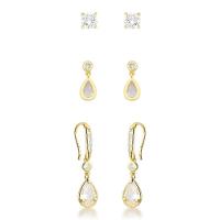 Kit De Brincos De Ouro Banhado 18k – Solitário E Pingente Em Gota Com Cristais - 1