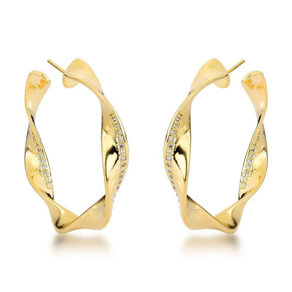 Brincos Femininos Banhados A Ouro 18k- Estilo Argola Torcida Com Pedras De Zircônia - 1