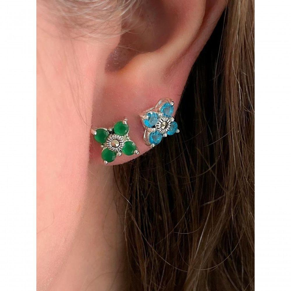 Brincos Em Prata 925 Com Pedras Naturais E Marcassita Central - 3