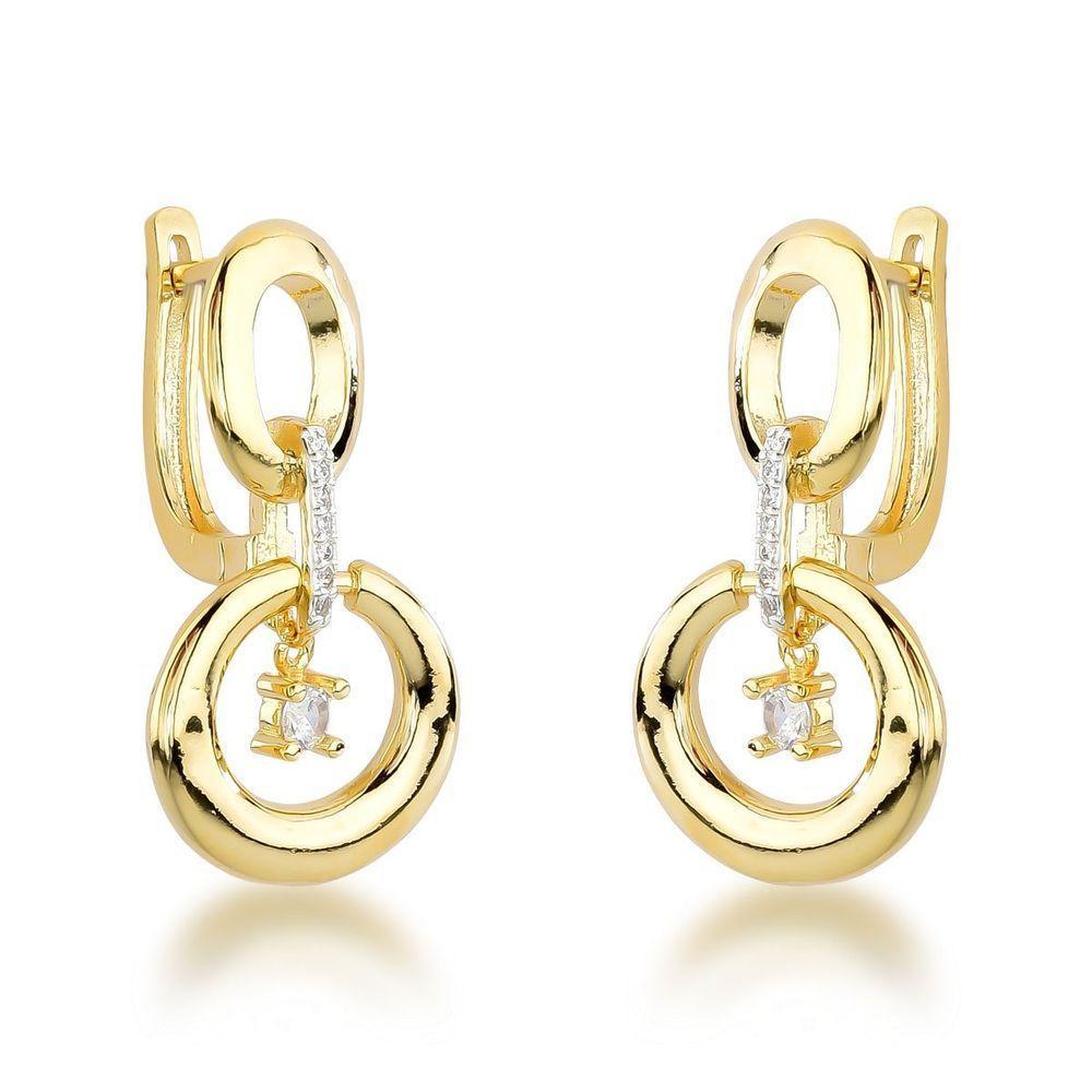 Brincos De Argola Dupla Com Pingente De Cristal - Banhados A Ouro 18k - 1