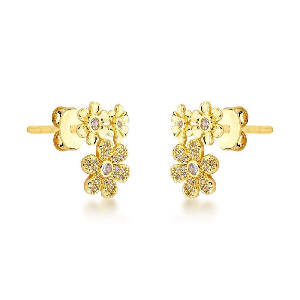 Brincos Florais Banhados A Ouro 18k Com Zircônias - 1