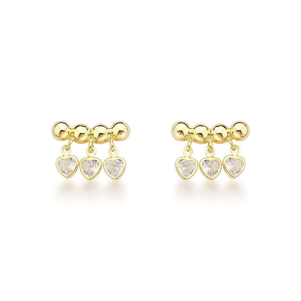 Brincos Femininos Banhados A Ouro 18k Com Esferas E Corações De Zircônia - 1
