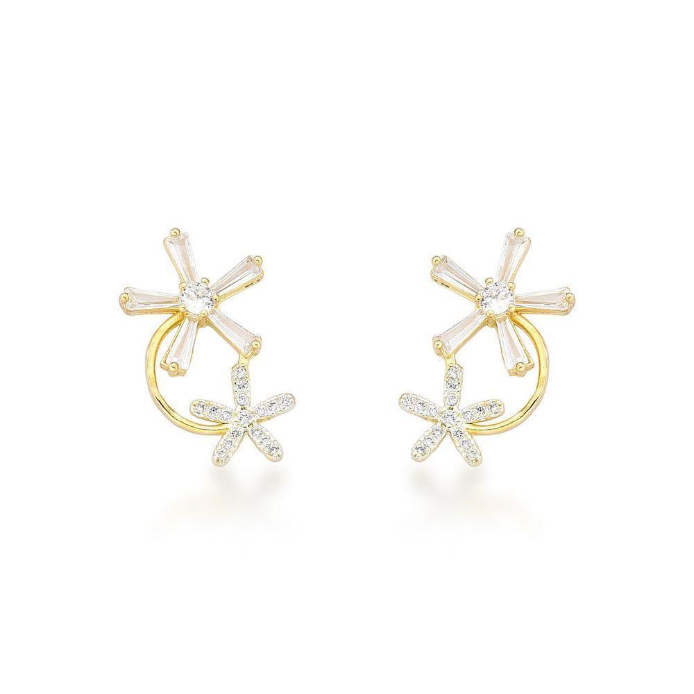 Flores De Ouro: Brincos Banhados A Ouro 18k Com Zircônia - Sofisticação Natural - 1