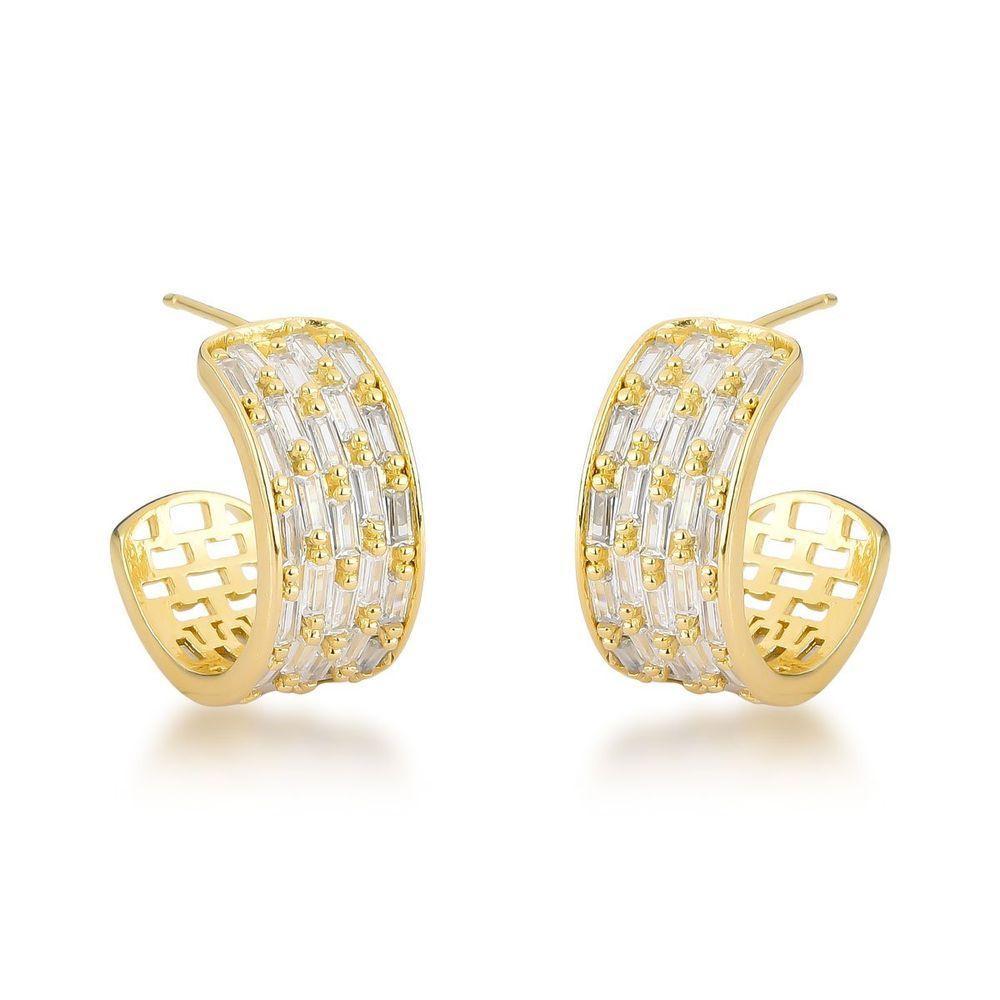 Brincos De Argola Banhados A Ouro 18k Com Detalhes Em Zircônia - Luxo Atemporal - 1