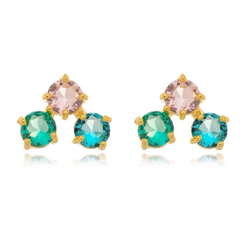 Brinco Com 3 Cristais Zircônias Banhado A Ouro 18k - 1