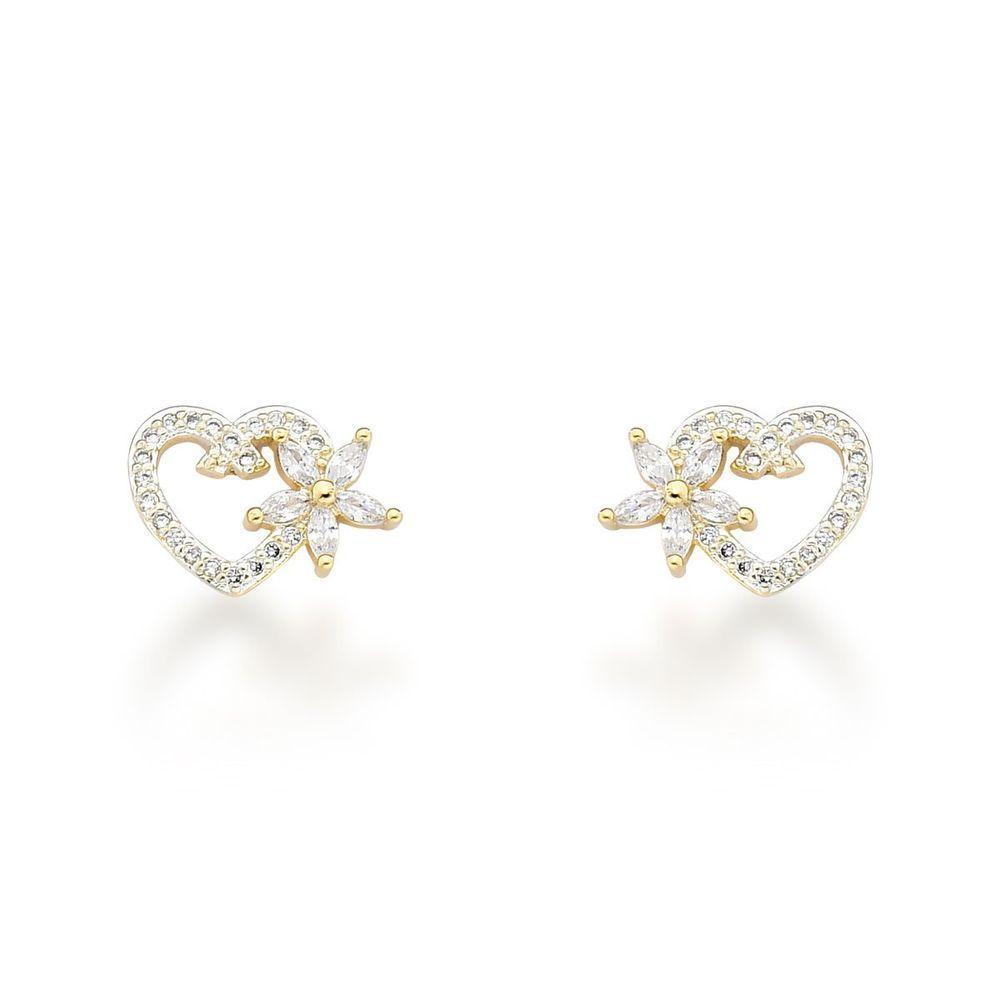 Brinco Coração Cravejado Com Flor Banhado A Ouro 18k - 1