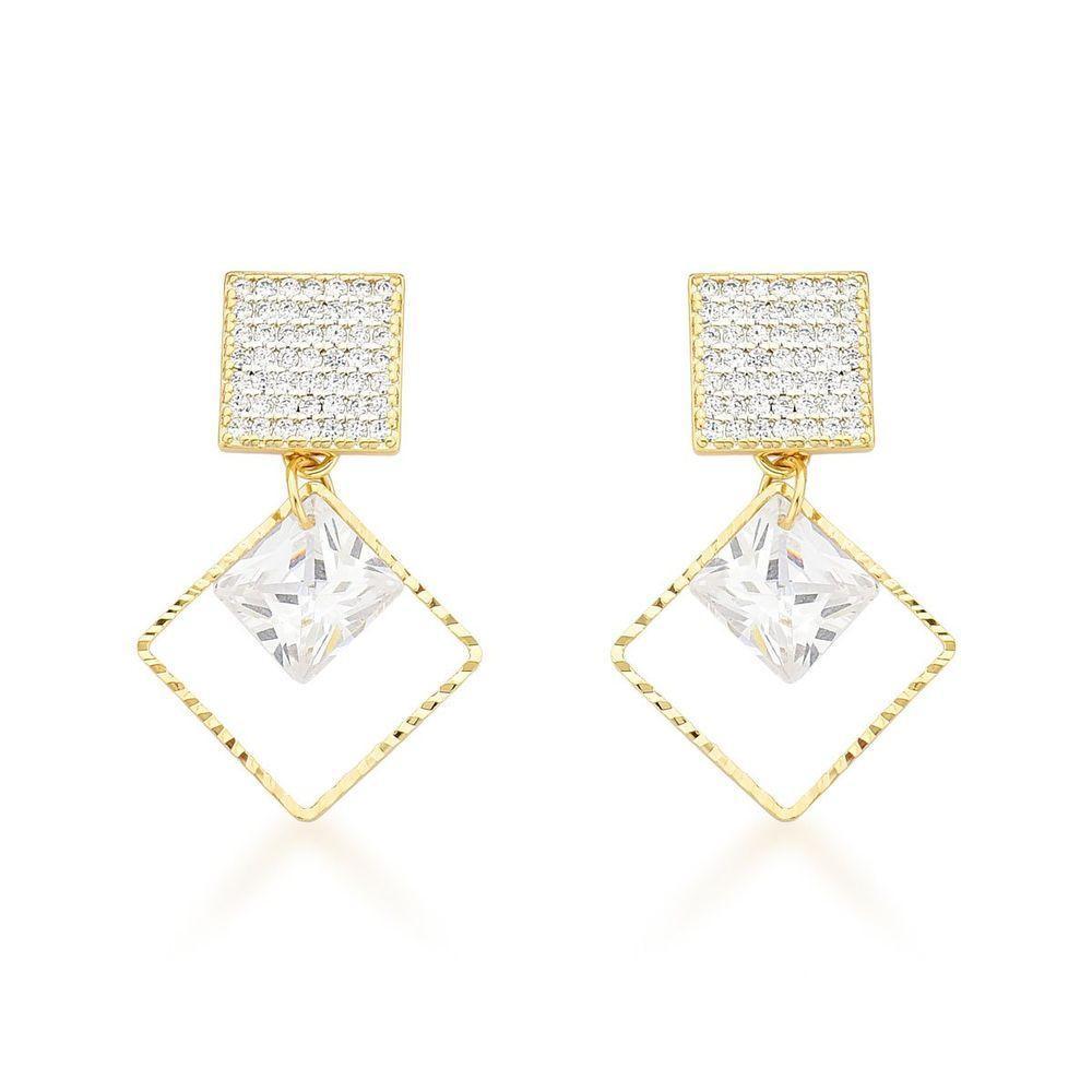 Brinco Sofisticado Zirconia Quadrada Banhada A Ouro 18k - 1