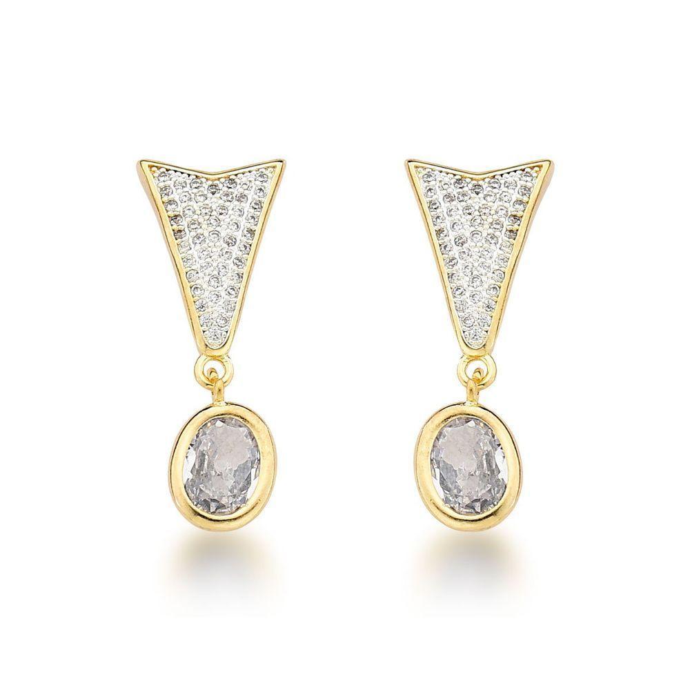 Brinco Triângulo Com Pingente Oval Banhado A Ouro 18k - 1