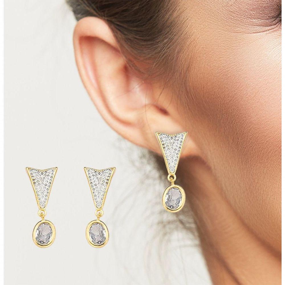 Brinco Triângulo Com Pingente Oval Banhado A Ouro 18k - 2