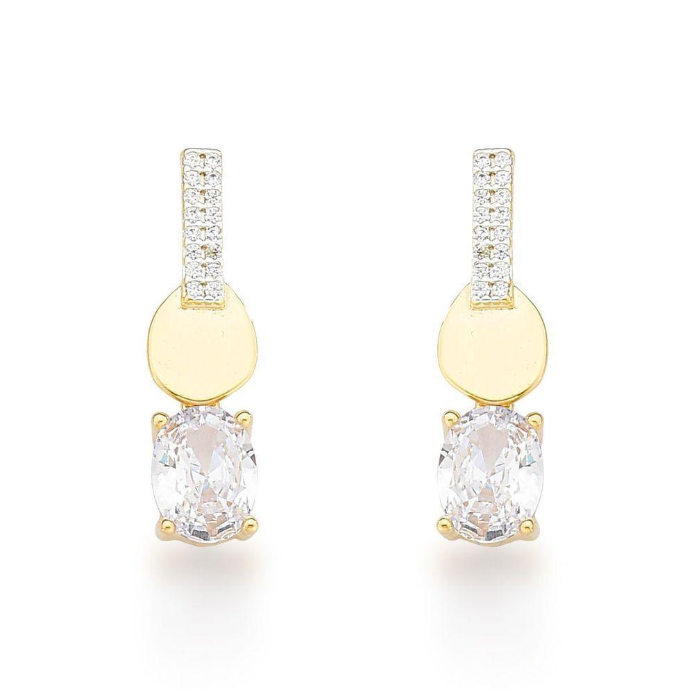 Brinco Palito Com Pingente Zircônio Oval Banhado A Ouro 18k - 1