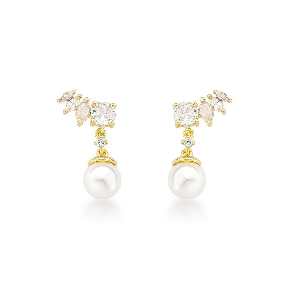 Luxo E Sofisticação: Brincos De Pérola Com Zircônias E Ouro 18k - 1