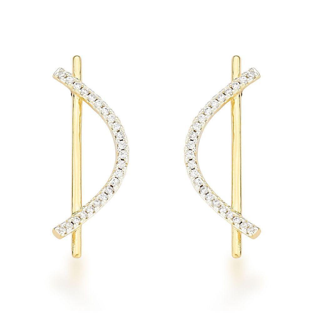 Brinco Delicado Palito Com Onda Cravejada Banhado A Ouro 18k - 1