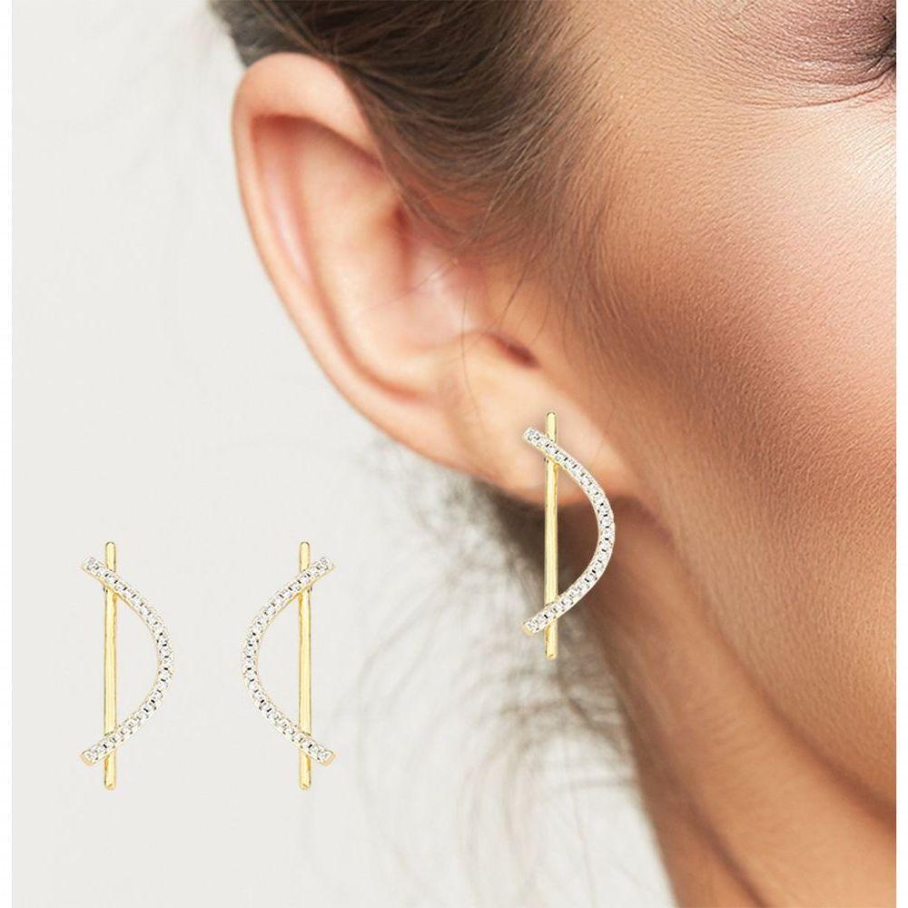 Brinco Delicado Palito Com Onda Cravejada Banhado A Ouro 18k - 2