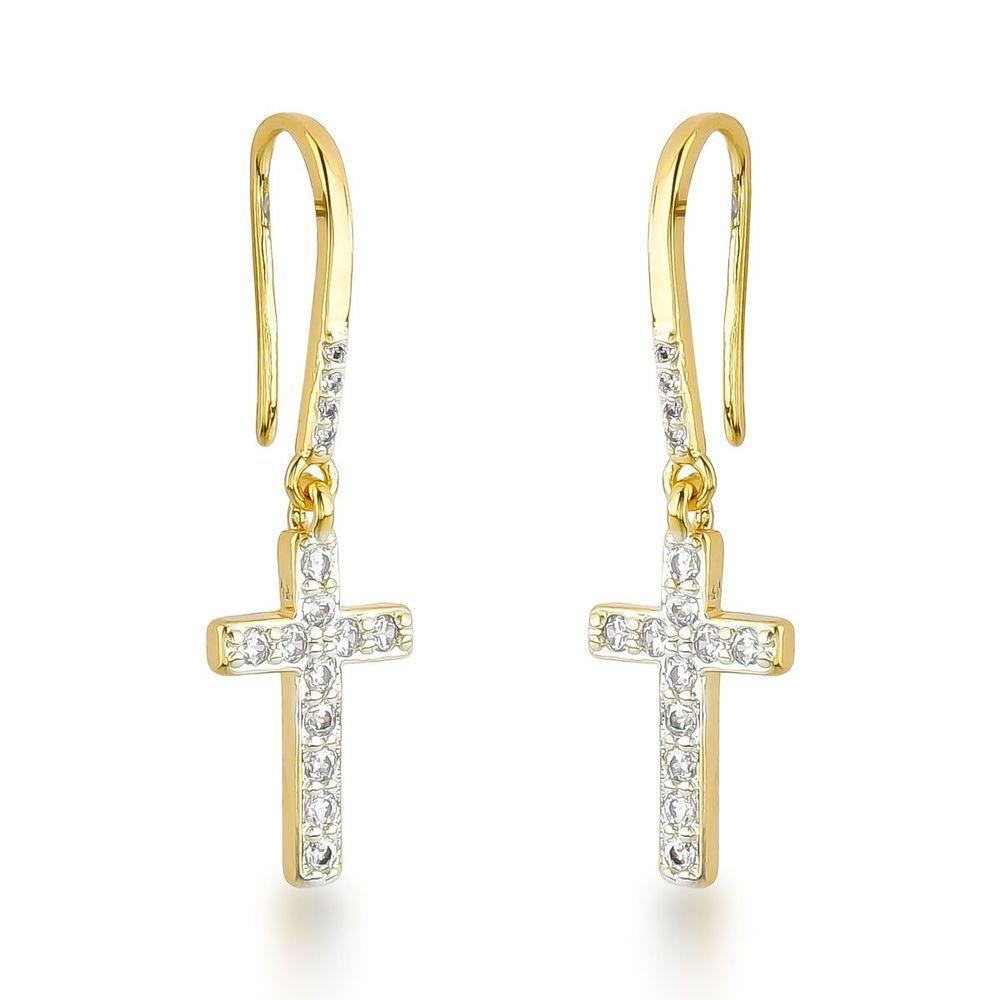Brincos Com Gancho E Cruz De Zircônias Cristais Banhados A Ouro 18k - 1