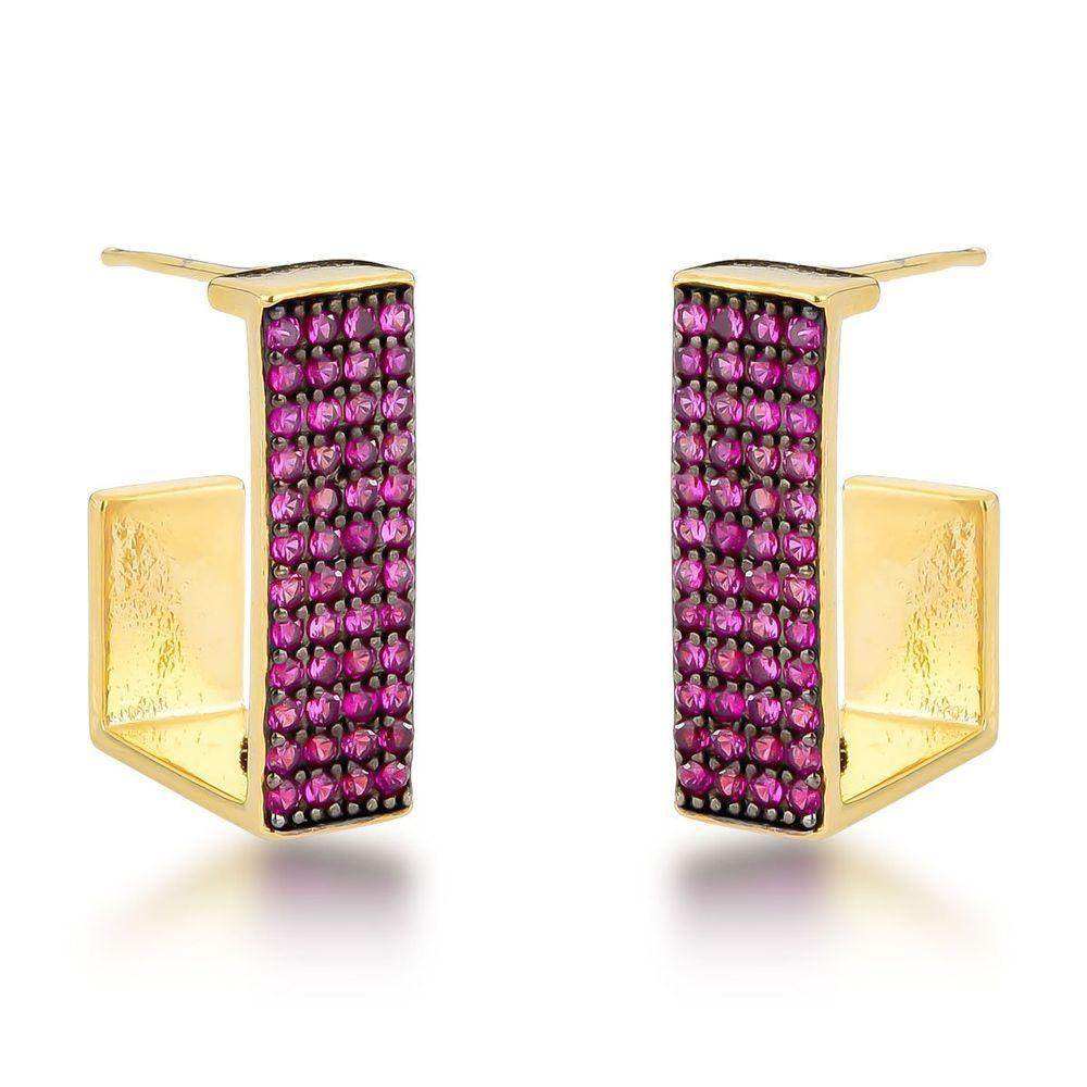 Brincos De Argola Com Zircônias Rubi E Banho De Ouro 18k - Estilo Moderno - 1