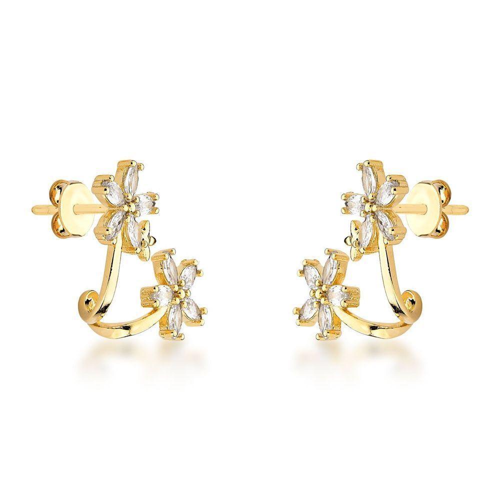 Brincos Earcuff Banhados A Ouro 18k Com Design De Zircônias Cristais - 1