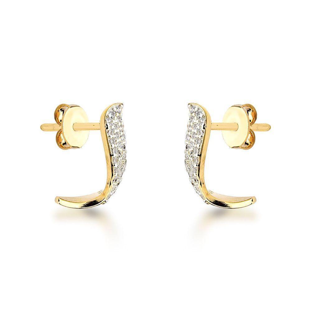 Brincos Elegantes Em J-curve Com Banho De Ouro 18k E Detalhes Em Zircônia - 1