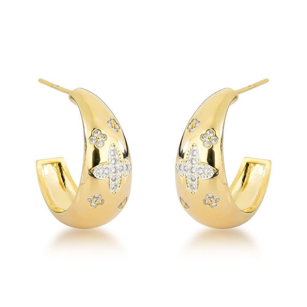 Joia De Luxo - Brincos De Argola Com Adornos Florais Em Ouro 18k Banhado - 1