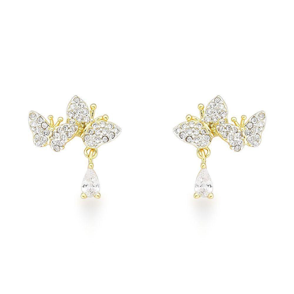 Brincos Borboleta Delicados Com Banho De Ouro 18k E Pingentes De Zircônia - 1