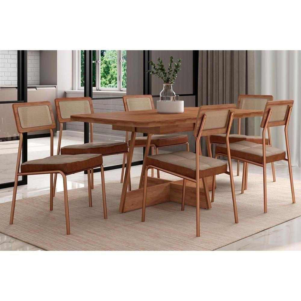 Sala de Jantar Completa Átria 1592 Aço c/ Tampo Madeirado 160x90cm e 6 Cadeiras Lux Rose/Freijo/Nogal - Rose/Areia - Caramelo - Carraro - 1