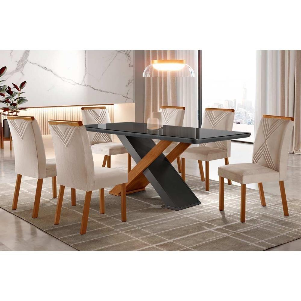 Sala de Jantar Completa Imperatriz Tampo Madeirado c/ Vidro Curvo 180x90 e 6 Cadeiras Amsterdã Imbuia/Veludo Creme/Pérola - Rufato - 1