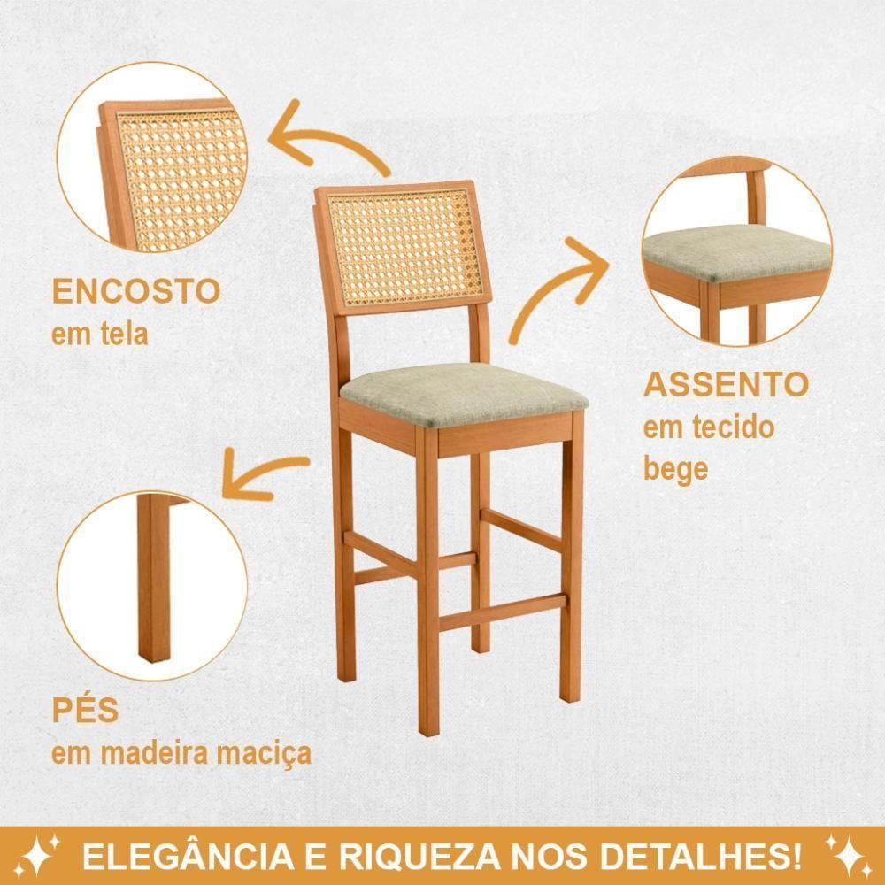 Conjunto 3 Banquetas Jade 03 Madeira Maciça Jcm Encosto Rattan E Linho Bege - 4