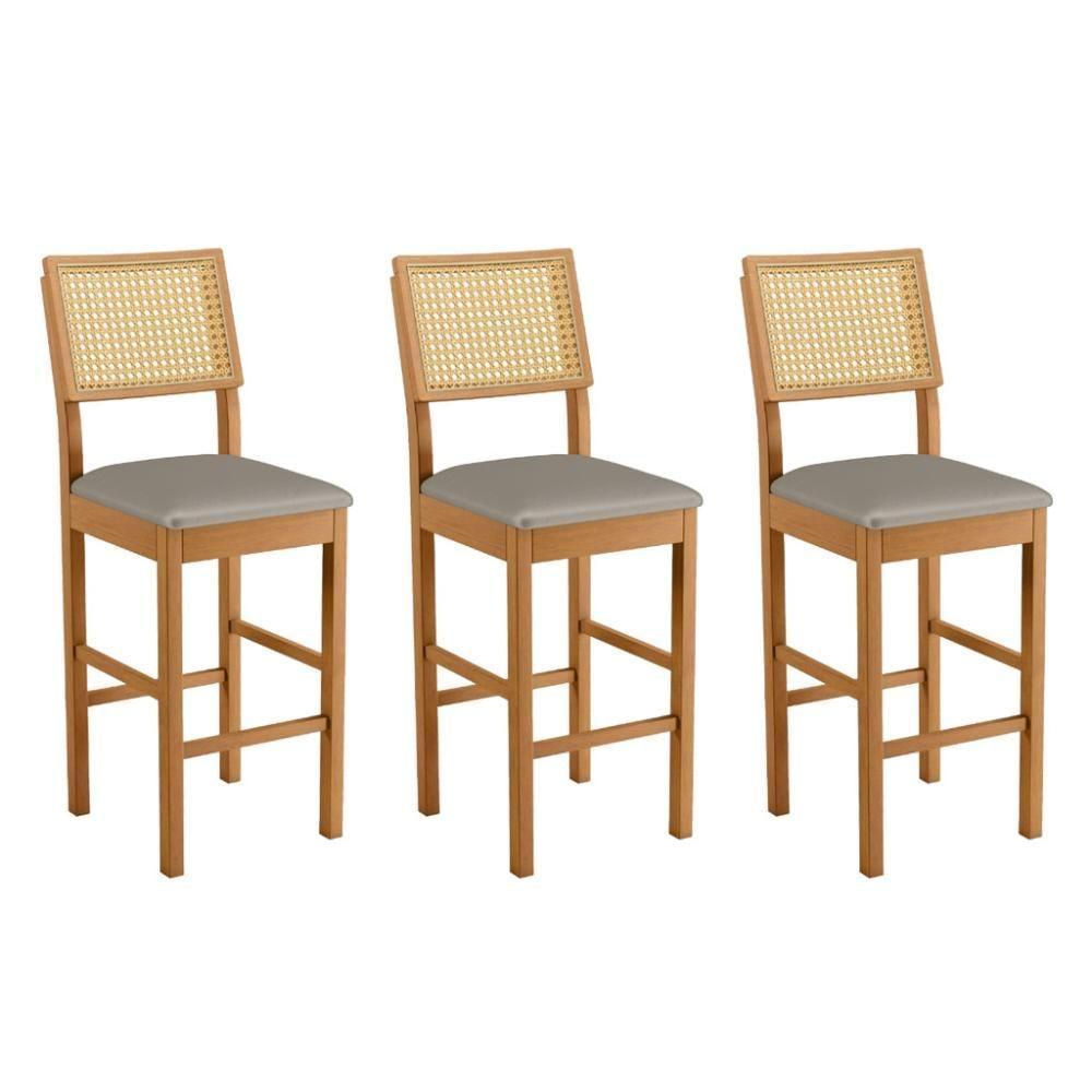 Conjunto 3 Banquetas Jade 03 Madeira Maciça Jcm Encosto Rattan E Veludo Cinza - 1