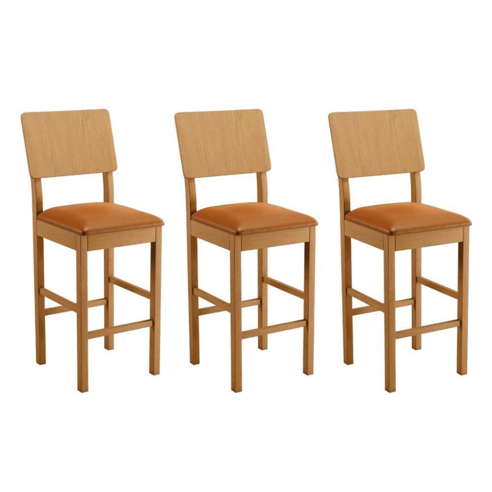 Conjunto 3 Banquetas Jade 01 Madeira Maciça Jcm Couro Caramelo - 1