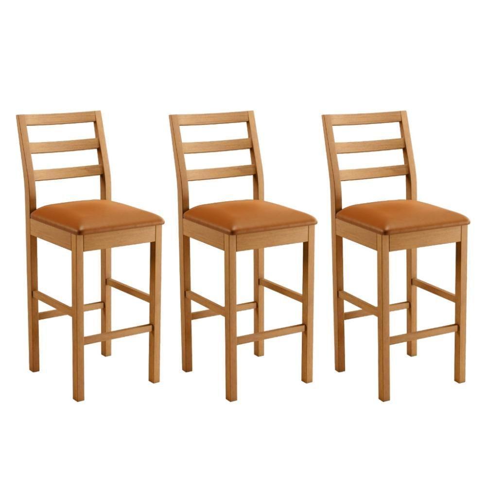 Conjunto 3 Banquetas Jade 02 Madeira Maciça Jcm Couro Caramelo - 1