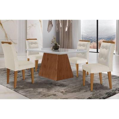 Sala de Jantar Completa Luna c/ Tampo Madeirado c/ Vidro Canto Curvo 120x80cm e 4 cadeiras Imperatriz Imbuia/Off White - Suede Creme - Rufato