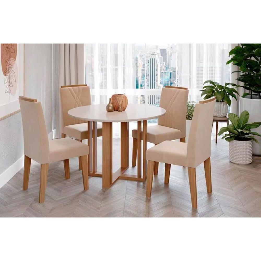 Sala de Jantar Completa Flora c/ Tampo Madeirado 109cm e 4 Cadeiras Nicole Cinamomo/Off White - Savana/Nature-Suede Nude - Cimol - 1