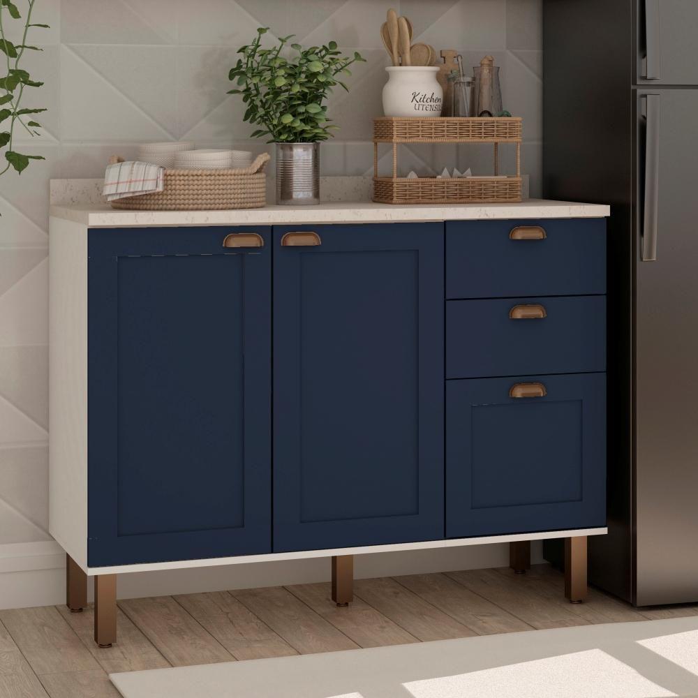 Balcao 1200 2 Portas E Gaveteiro Branco Fosco Azul Vel Genialflex - 1