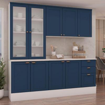 Cozinha Modulada Compacta Iluminata 4 Peças com Cristaleiras 2 Portas Branco Azul Vel Genialflex