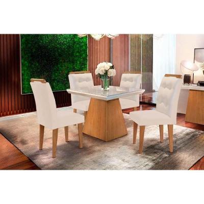 Sala de Jantar Completa Luna c/ Tampo Madeirado c/ Vidro Canto Curvo 90x90cm e 4 cadeiras Imperatriz Imbuia/Off White - Suede Creme - Rufato