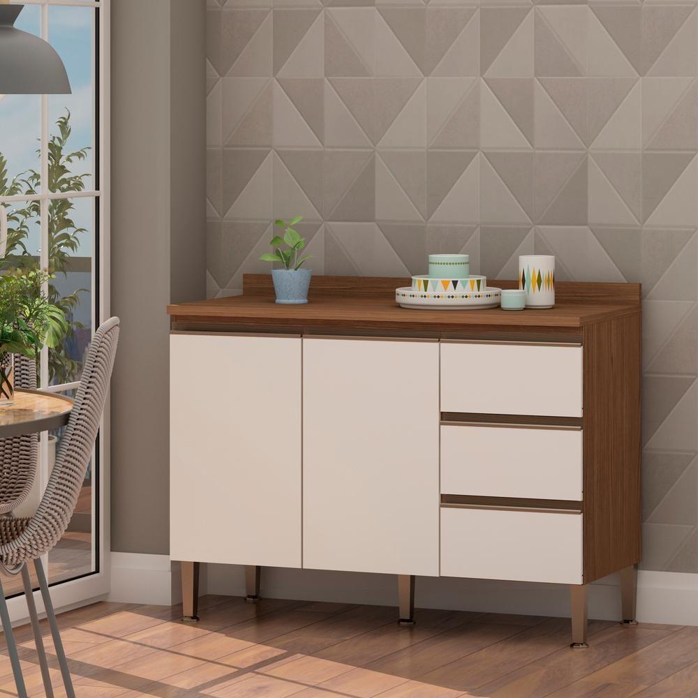 Balcão de Cozinha 2 Porta 3 Gavetas Ébano Fosco Off White Fosco sem Tampo Genialflex - 1