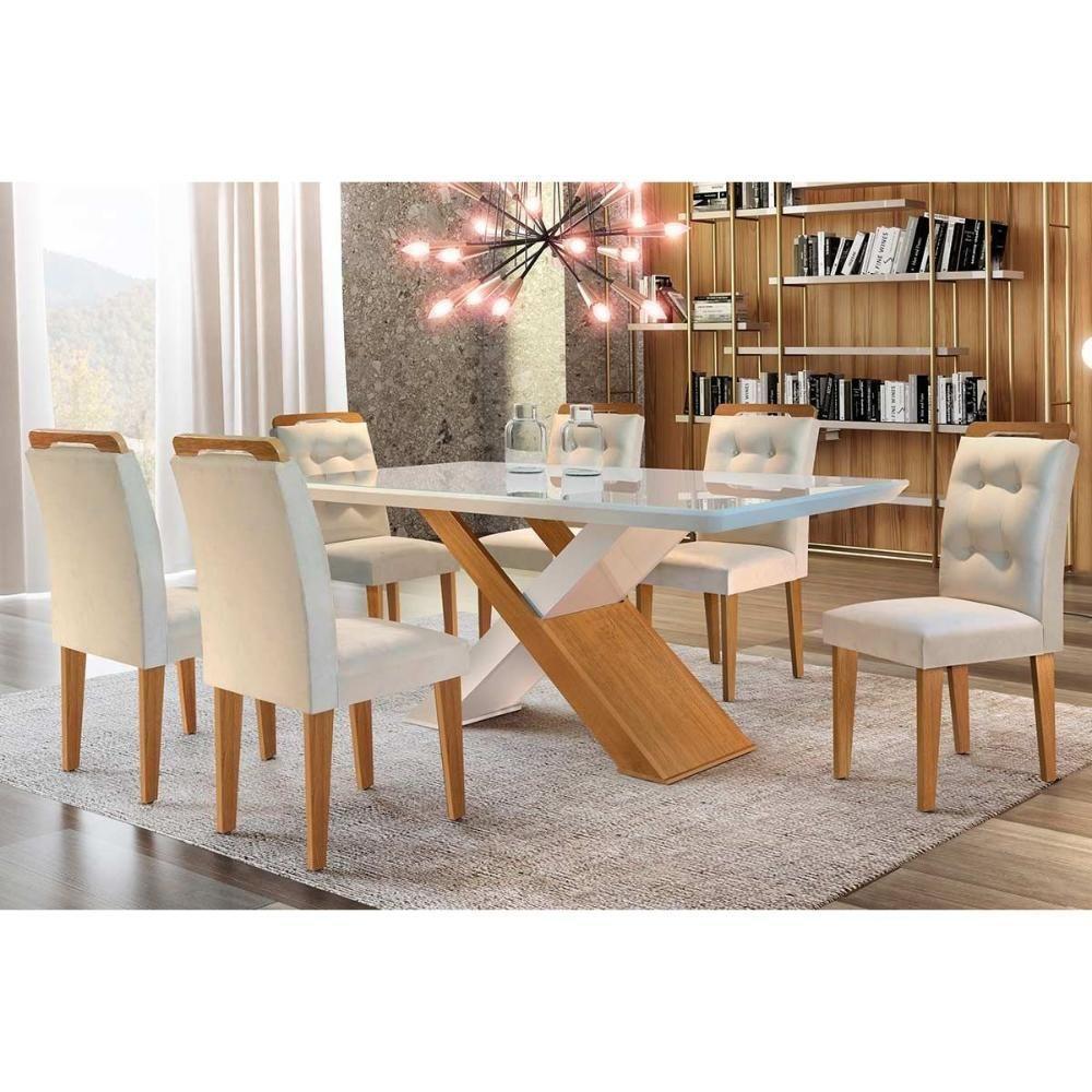 Sala de Jantar Completa Imperatriz Tampo Madeirado c/ Vidro Curvo 180x90 e 6 Cadeiras Imperatriz Imbuia/Off White - Suede Creme - Rufato - 1
