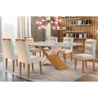 Sala de Jantar Completa Imperatriz Tampo Madeirado c/ Vidro Curvo 180x90 e 6 Cadeiras Imperatriz Imbuia/Off White - Suede Creme - Rufato - 1