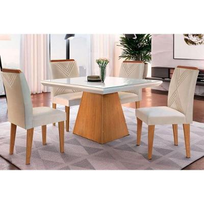 Sala de Jantar Completa Luna c/ Tampo Madeirado Vidro Canto Curvo 90x90cm e 4 cadeiras Amsterdã Imbuia/Off White - Suede Creme - Rufato
